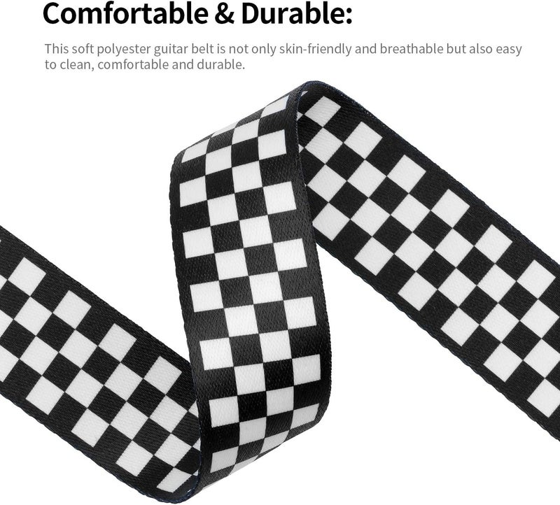 BestSounds Guitar Strap, Bass Guitar Strap, Electric and Acoustic Guitar Straps - Durable Nylon Checkered Guitar Shoulder Strap with Leather Ends (Black and White Checkered) - Image 3